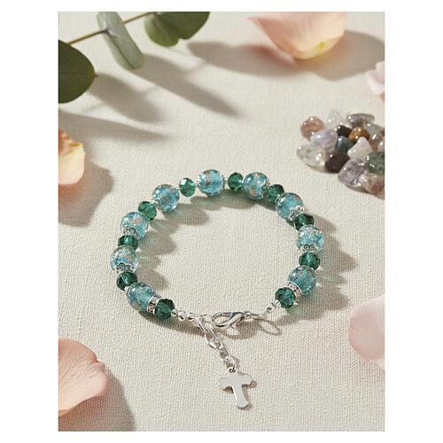 Bracciale verde vetro Murano 10mm e cristalli Boemia 5mm finitura argento 2