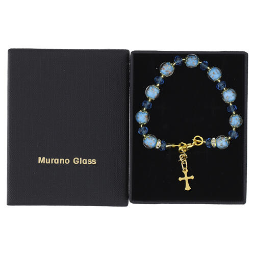 Pulseira com cristais da Boêmia 5 mm e pérolas de Murano 10 mm azul celeste, acabamento dourado 4