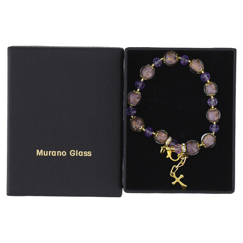 Pulseira dourada com vidro de Murano 10 mm lilás e cristais da Boêmia 5 mm 4