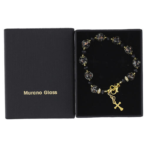 Bracciale con perle Murano 10mm nere e cristalli Boemia 5mm dorato 4