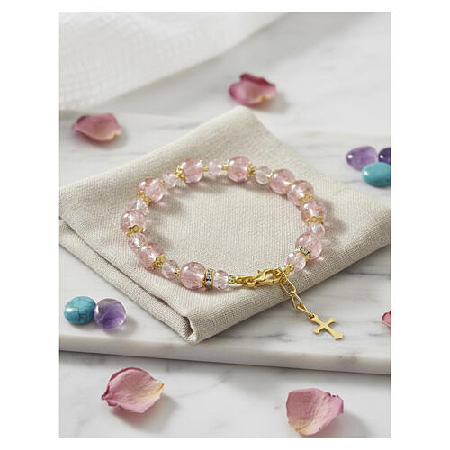 Gold bracelet with 0.4-inch pink Murano glass beads and 0.2-inch Bohemian crystals 2