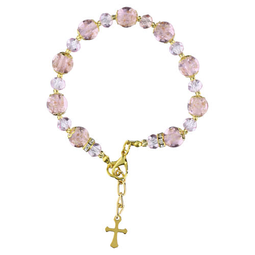 Bracciale vetro Murano rosa 10mm con cristalli Boemia 5mm e dettagli oro 1