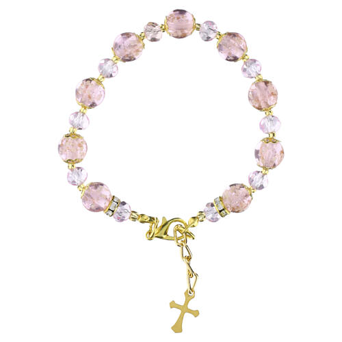 Pulseira em vidro de Murano cor-de-rosa 10 mm com cristais da Boêmia 5 mm e detalhes dourados 3