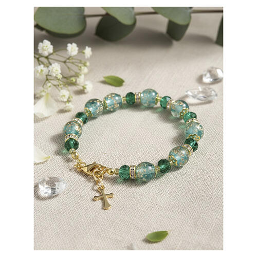 Bracelet with 10mm Green Murano Beads and 5mm Bohemian Crystals Gold Finish 2