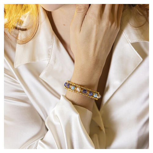 Bracciale 8mm vetro Murano mix blu azzurro bianco finitura oro 4