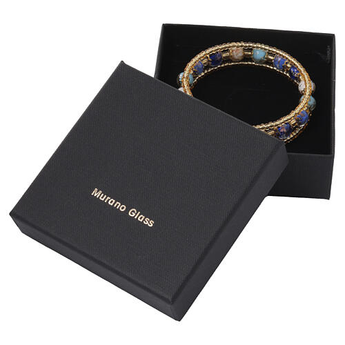 Pulseira vidro de Murano azul, azul-claro e branco acabamento dourado 6