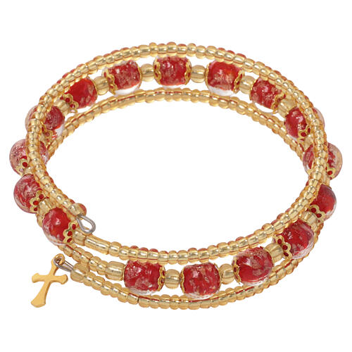 Pulseira-jóia vermelha com contas de Murano 8 mm em base dourada com cruz 5