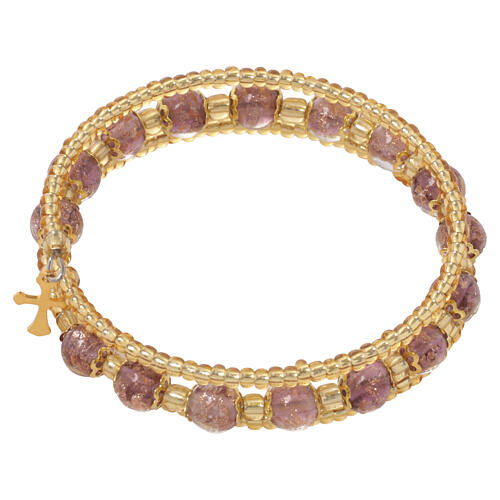 Bracciale 8mm vetro Murano colore viola con croce oro 1