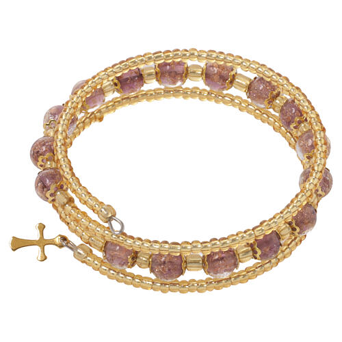 Bracciale 8mm vetro Murano colore viola con croce oro 5