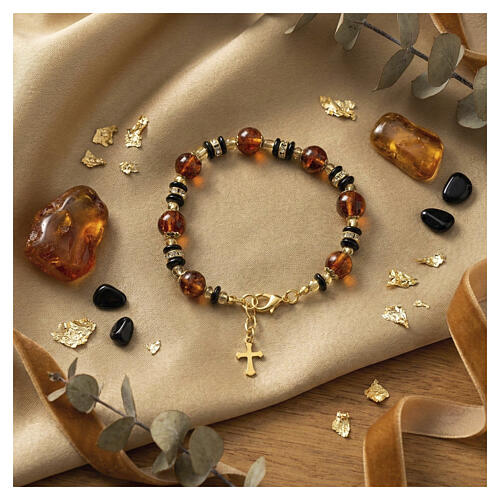 Bracelet with 8mm Murano Glass Pearls Amber and Black Slavic, Gold Finish 2
