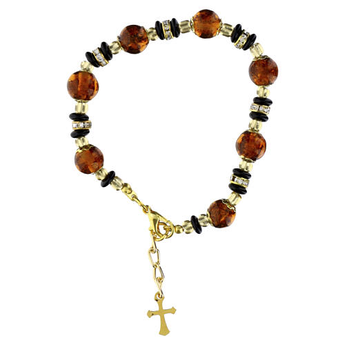 Bracelet with 8mm Murano Glass Pearls Amber and Black Slavic, Gold Finish 3