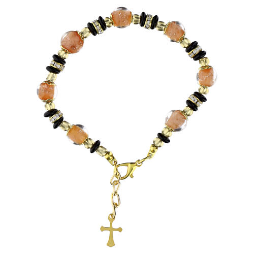 Women's Murano Glass Bracelet 8mm Beige and Black Slavica Beads, Gold Finish 3