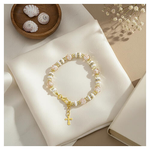 Pulsera vidrio Murano blanco y perlas eslavas blancas 8 mm acabado oro 2