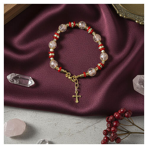 Pulsera con perlas Murano 8 mm blancas y eslavas rojas oro 2