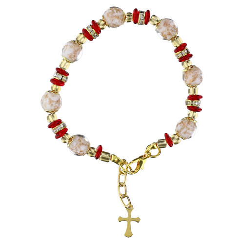 Serenissima Bracelet with 8mm White Murano Beads and Red Slavic Beads with Gold Finish 3