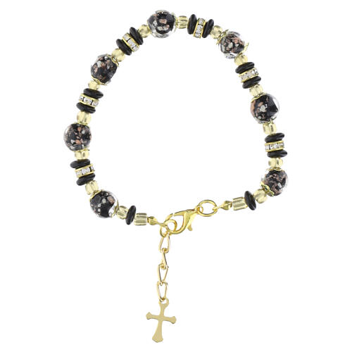 Pulseira em vidro de Murano 8 mm preto e contas translúcidas, estrutura dourada 3