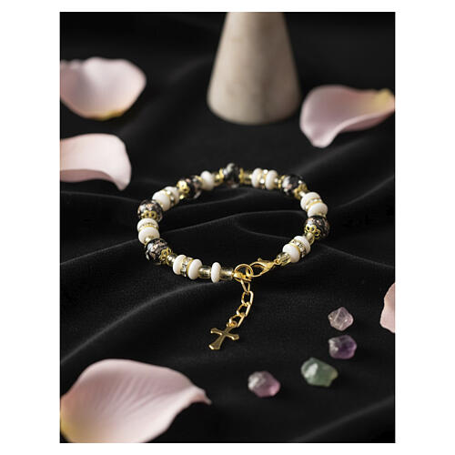 Murano glass bracelet with 0.31-inch black beads and white translucent beads, gold finish 2