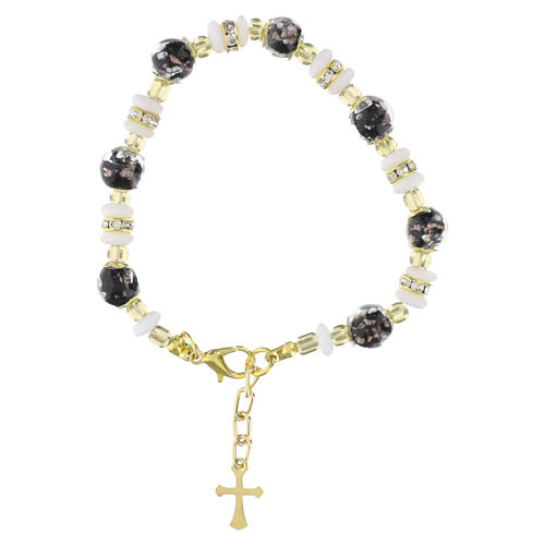 Murano Glass Bracelet 8mm Black and White Slavica Beads, Gold Finish 3