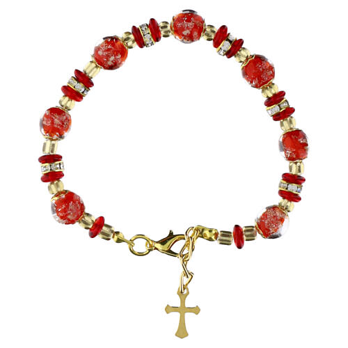 Pulseira dourada com contas de Murano 8 mm vermelhas opacas e contas slavica vermelhas translúcidas 3