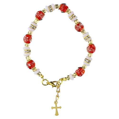 Armband SERENISSIMA, Murano-Glasperlen 8 mm in Rot und weiße Glasperlen, goldfarbene Ausführung 3