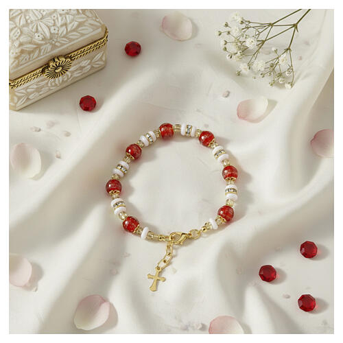 Murano glass bracelet 8mm red Murano glass and white Slavica beads with gold-tone accents 2