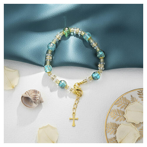 Murano glass bracelet with 0.31-inch green beads and clear crystal beads, gold finish 2