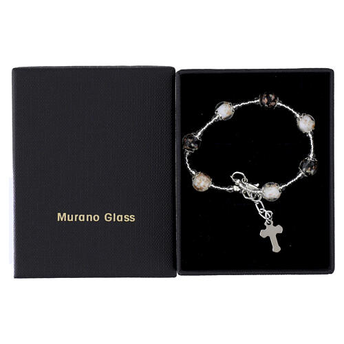 Murano glass bracelet, silver finish, 0.31-inch white and black beads, cross-shaped charm 3