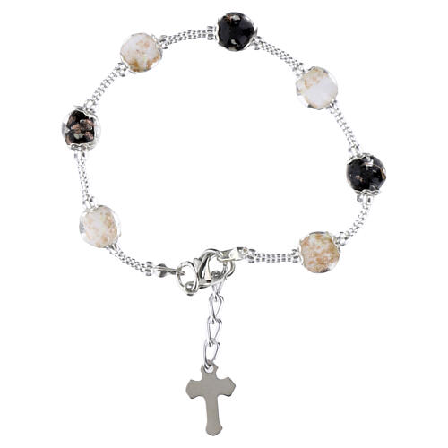 Pulseira em vidro de Murano 8 mm acabamento prateado branco e preto com cruz 2