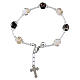 Murano Glass Bracelet, 8 mm, Silver Finish White and Black Beads with Enameled Cross s1