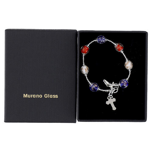 Pulsera de vidrio de Murano 8 mm colores blanco rojo azul con cruz plateada 3
