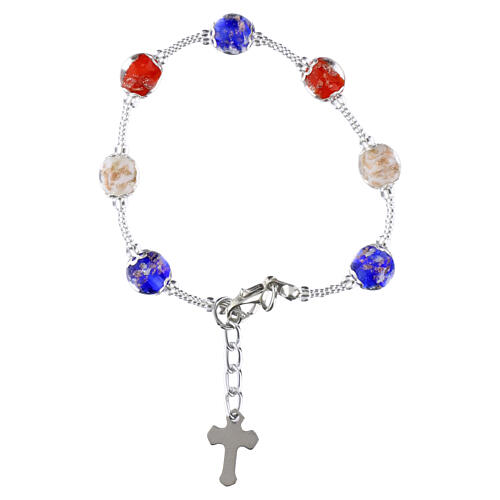Bracciale in vetro di Murano 8mm colori bianco rosso blu con croce argento 1