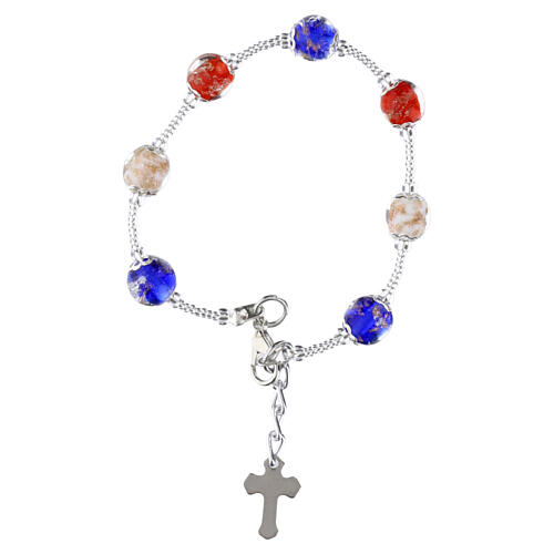 Pulseira em vidro de Murano 8 mm branco, vermelho e azul com cruz prateada 2