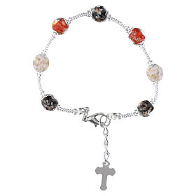 Pulseira feminina de vidro de Murano 8 mm tricolor com fecho prateado e cruz esmaltada