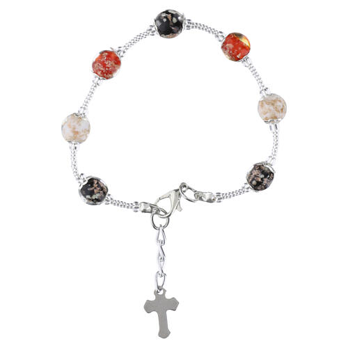 Pulseira feminina de vidro de Murano 8 mm tricolor com fecho prateado e cruz esmaltada 2