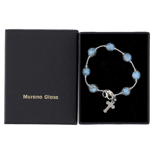 Bracelet with 8mm Sky‑Blue Murano Glass Beads, Silver‑Finish and Enameled Cross 3