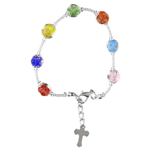 Pulsera multicolor de vidrio de Murano 8 mm con cruz y cierre plateado 1