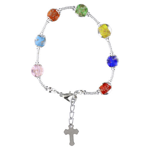 Bracelet multicolore en verre de Murano 8 mm avec croix émaillée et fermoir argenté 2