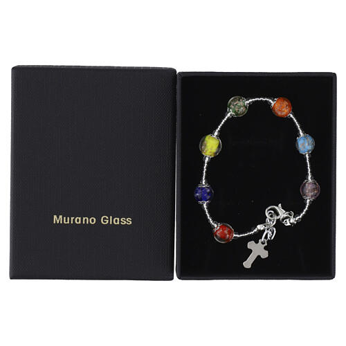 Multicolor Murano Glass Bracelet 8 mm with Enameled Cross and Silver Clasp 3