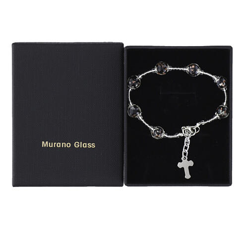 Pulsera con perlas negras de vidrio de Murano 8 mm acabado plata cruz 3