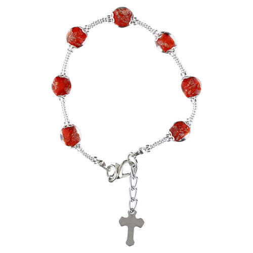 Armband VICKY, Murano-Glasperlen 8 mm in Rot, silberfarbene Ausführung mit Kreuz 2