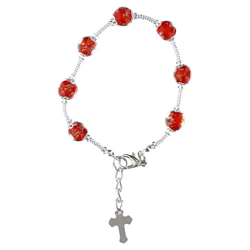 Bracciale rosso vetro di Murano 8mm con dettagli argento e croce 1