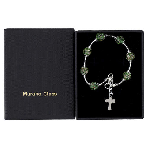 Murano glass bracelet with 0.31-inch green beads, enameled cross, silver finish 3