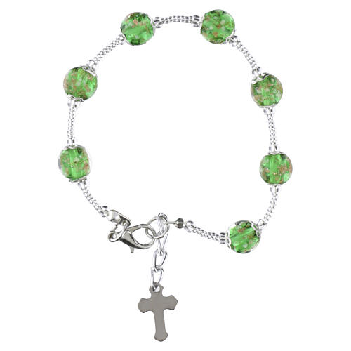 Bracelet en verre de Murano 8 mm teinte verte, croix émaillée, finition argentée 2