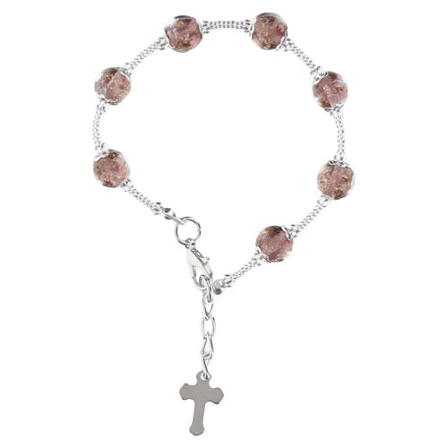 Bracciale donna perle 8mm vetro Murano colore viola con croce argento 1
