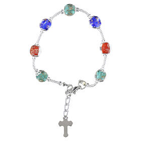 Women's bracelet 8mm tricolor Murano glass beads with silver finish and enameled cross