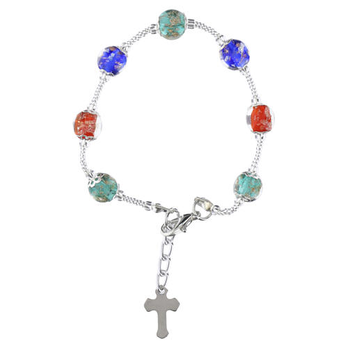 Women's bracelet 8mm tricolor Murano glass beads with silver finish and enameled cross 1