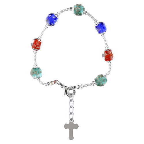 Women's bracelet 8mm tricolor Murano glass beads with silver finish and enameled cross 2