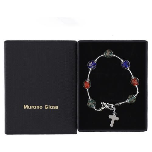 Women's bracelet 8mm tricolor Murano glass beads with silver finish and enameled cross 3
