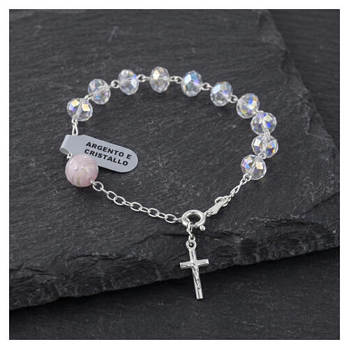 Bracciale argento 925 grani da  8 mm cristallo briolette e vetro rosa 2