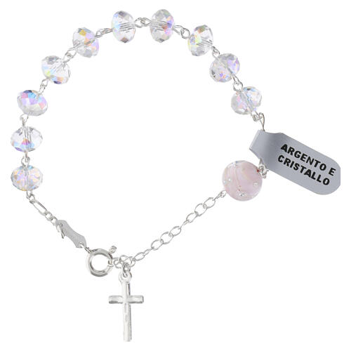 Pulseira prata 925 contas de 8 mm cristal briolette e vidro cor-de-rosa 3